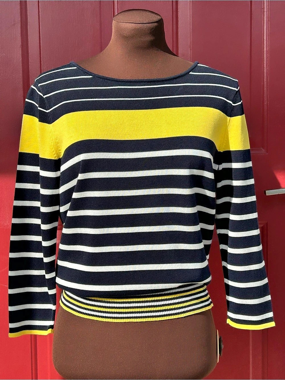 TALBOTS sLP Stripe silky Pullover Sweater-navy/Yellow/wht-machine wash-looks NEW